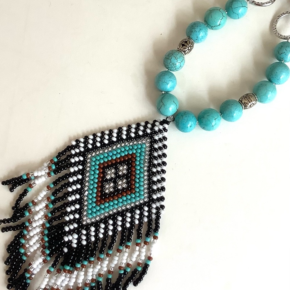 Handmade beadweaving pendant with turquoise magnesite stones boho necklace
